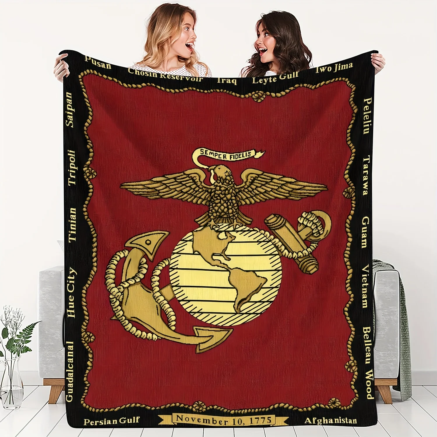 Lodge Style Flannel Fleece Throw Blanket - Military Marine Corps Flag Pattern, Polyester Knit All-Season Cozy Cover