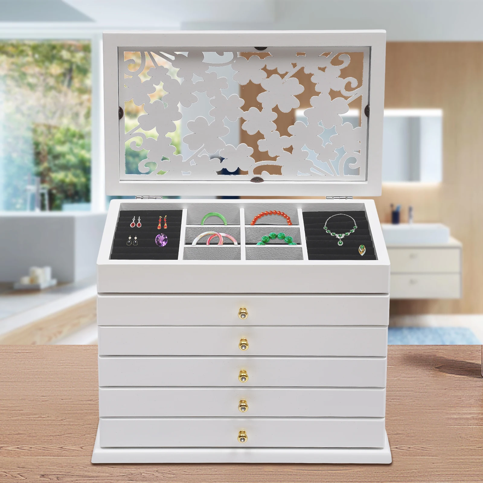 Jewelry Box Jewelry organizer box with Full Pull-out Drawer Four-Leaf Carved 6-Layer White Jewelry Storage Box For Women