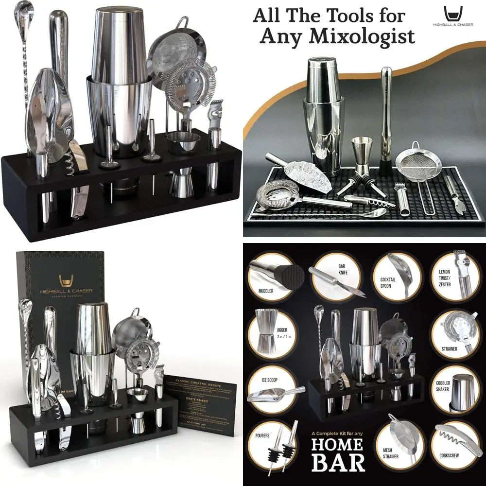 

Stainless Steel 13-Piece Cocktail Shaker Set with Stand, Laser Engraved Tools, and 30 Recipe E-Book for Home Bartending