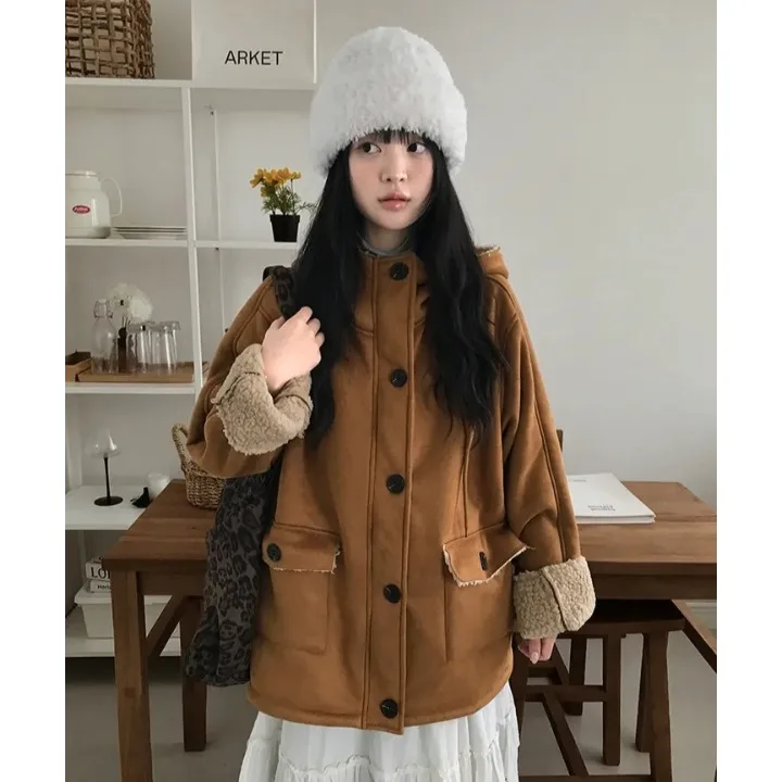Retro Fur Cotton Jaet Hooded Dstring Women's Outerwear Korean Sle Spring Autumn Winter Casual Faion Streetwear