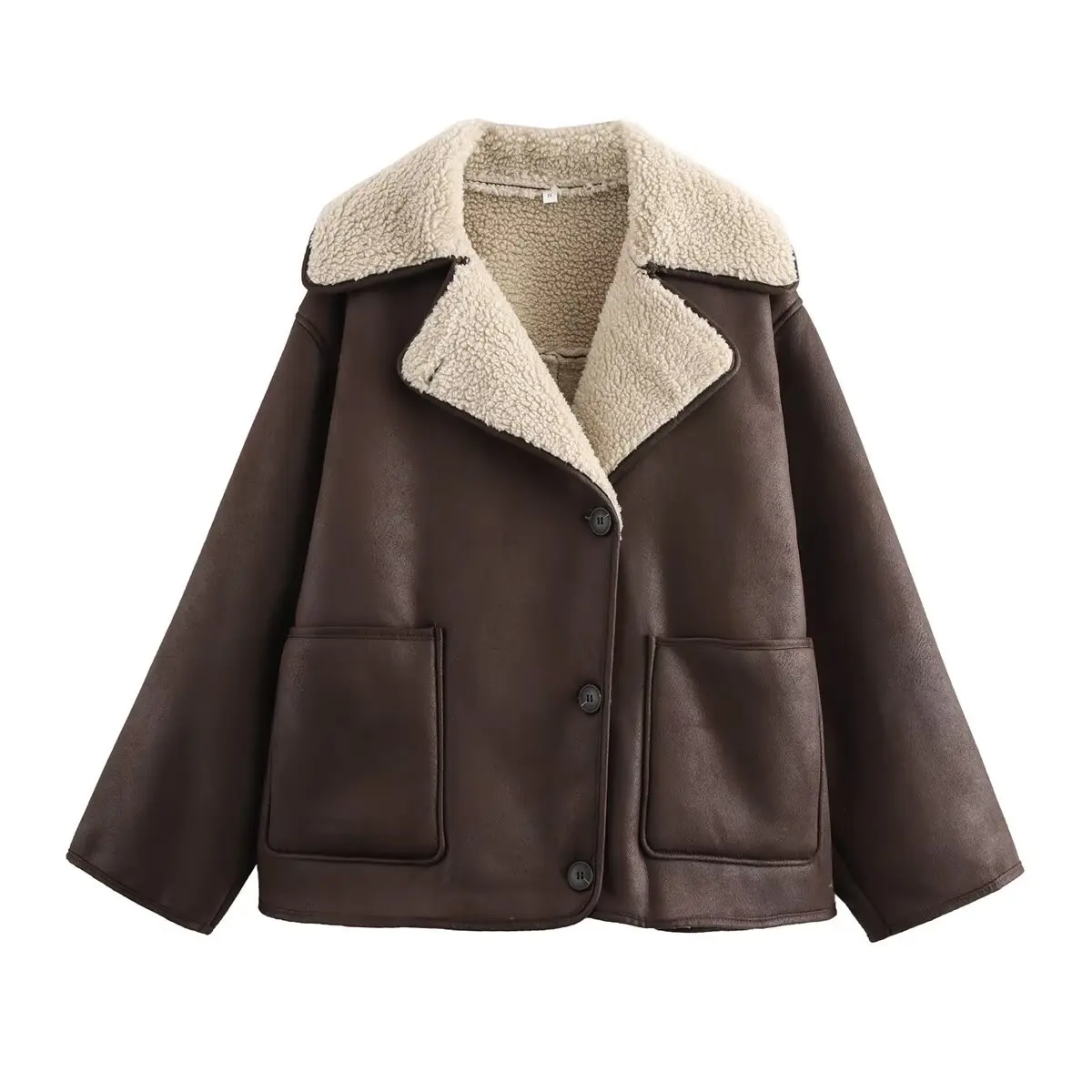Autumn Faux Jackets Outwear Women Fashion Fashion Turn-Down Collar Three-Color Shearling Long Sleeve Jacket  Short Coat