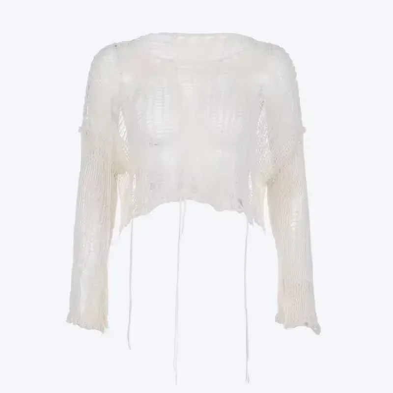 الصلبة مائل الرقبة الجرونج محبوك المرأة سترة هول ممزق البلوز المحاصيل الأعلى Harajuku الجوف خارج مثير الصيف لاعبا كل مباراة #2