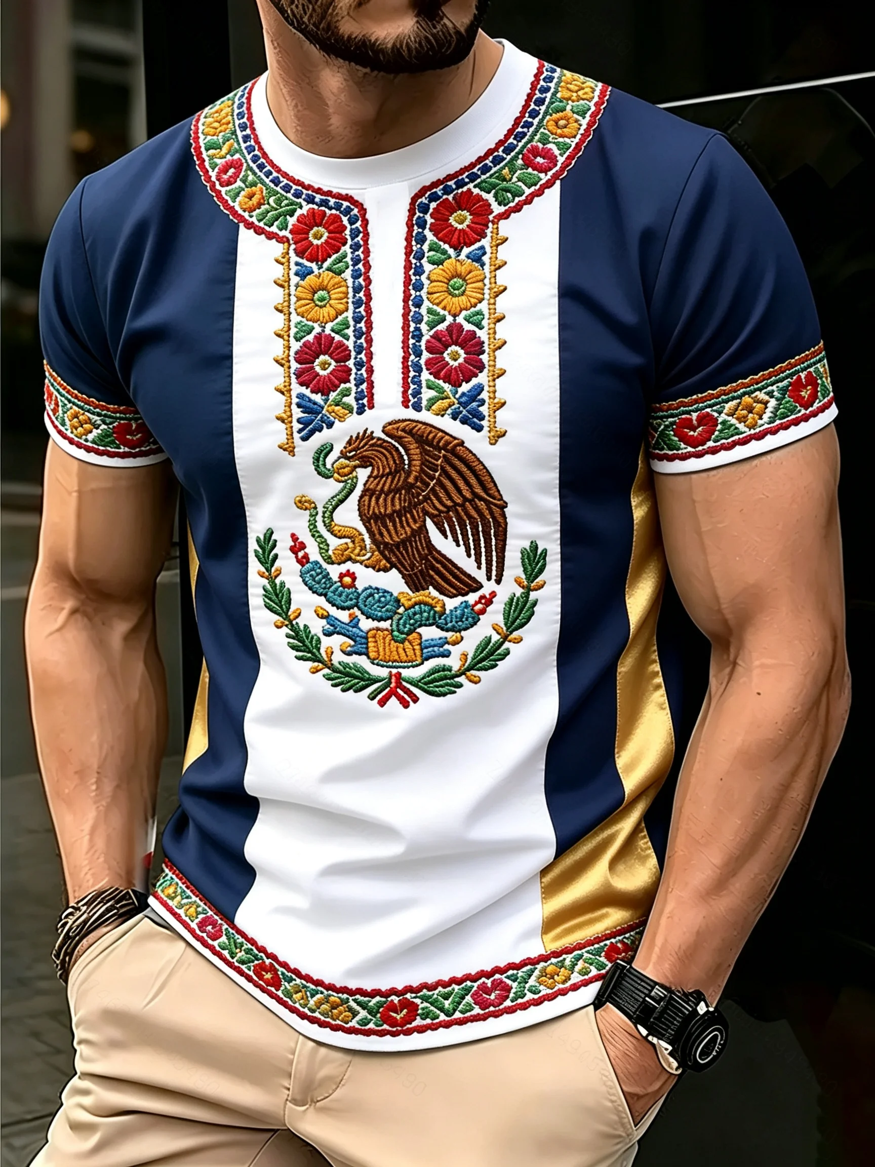 Mexican National Style Football T‑Shirt Men Mexico Flag Vertical Stripe Eagle Emblem Floral Ornament Short‑sleeve