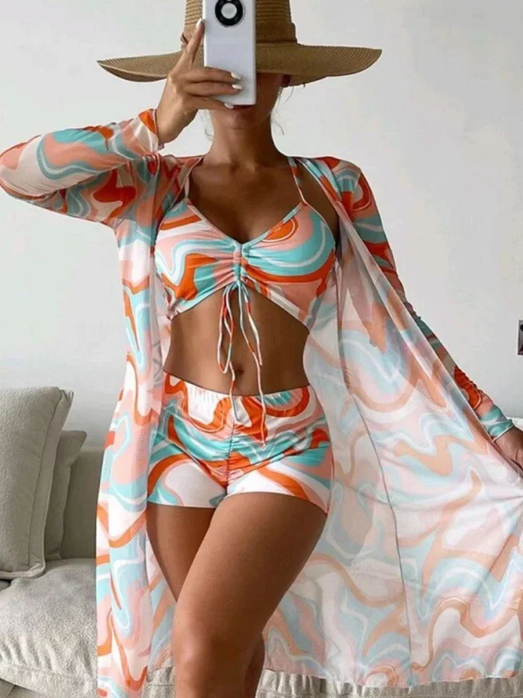 Beachwear Women\'s Split Body 3-pcs Set Swimsuit Drawstring Bathing Suit High Waisted Long Sleeved Thin Cover Shirt Spring Summer