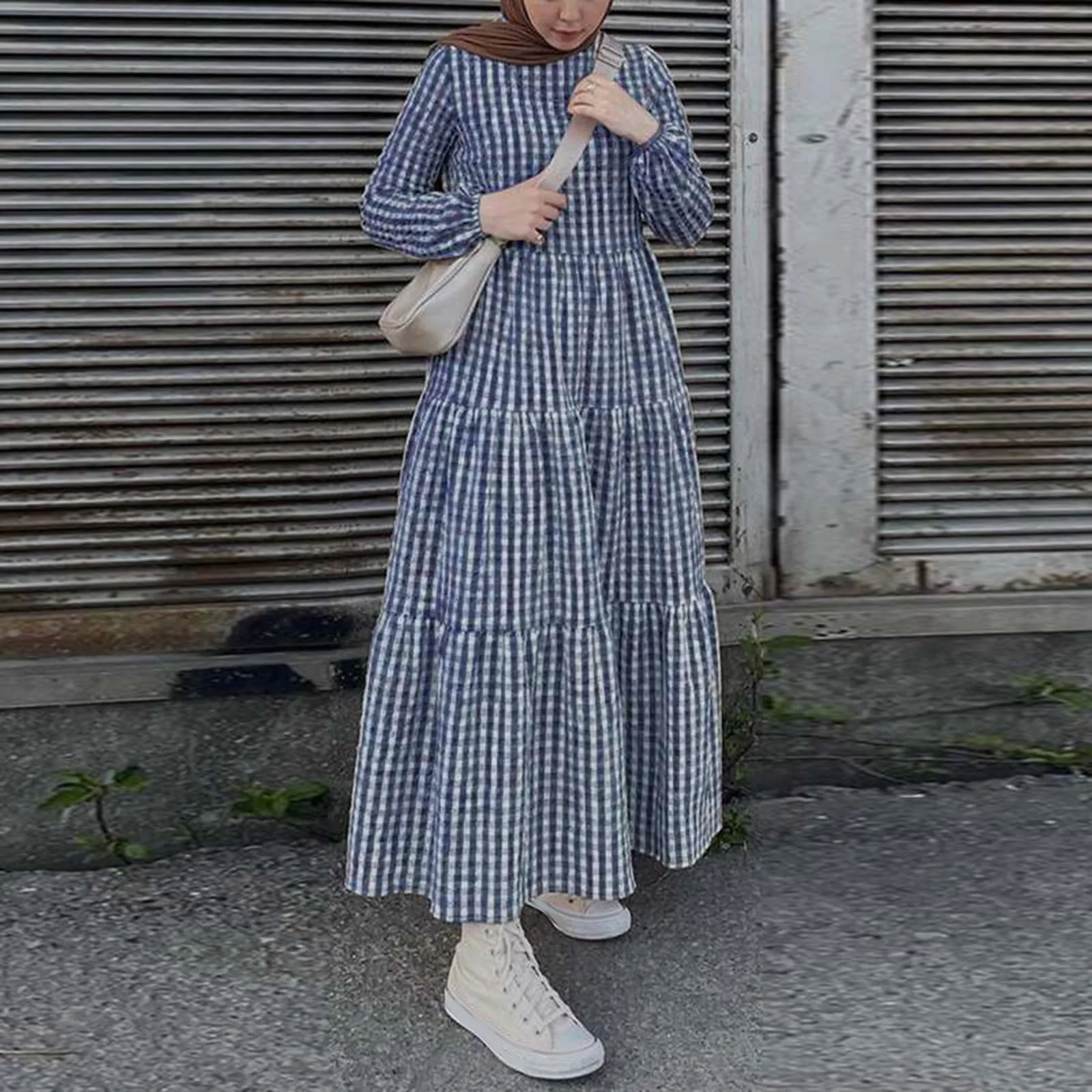 Vintage Plaid Checked Muslim Dress Women Long Sleeve Ruffles Abaya Dubai Dress Robe Femme Holiday Islamic Clothing