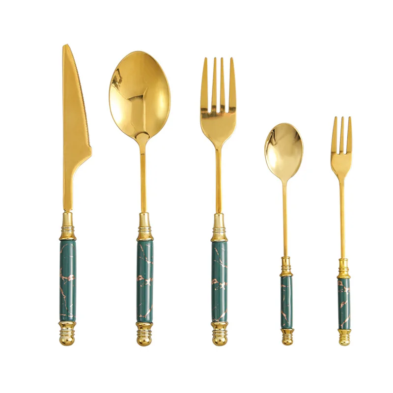 Nordic Style Stainless Steel Dinner Knife Fork Spoon Creative Fashion Marble Pattern Ceramic Handle Tableware Gold Cutlery Set