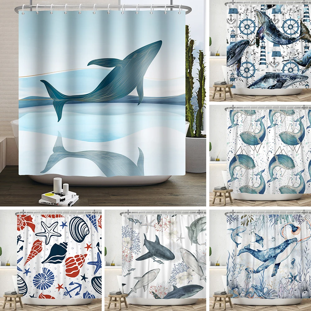 Whale Sea Animal Pattern Shower Curtain Coral Seashell Shell Bathroom Hanging Hooks Waterproof Opaque Shower Curtain Partition