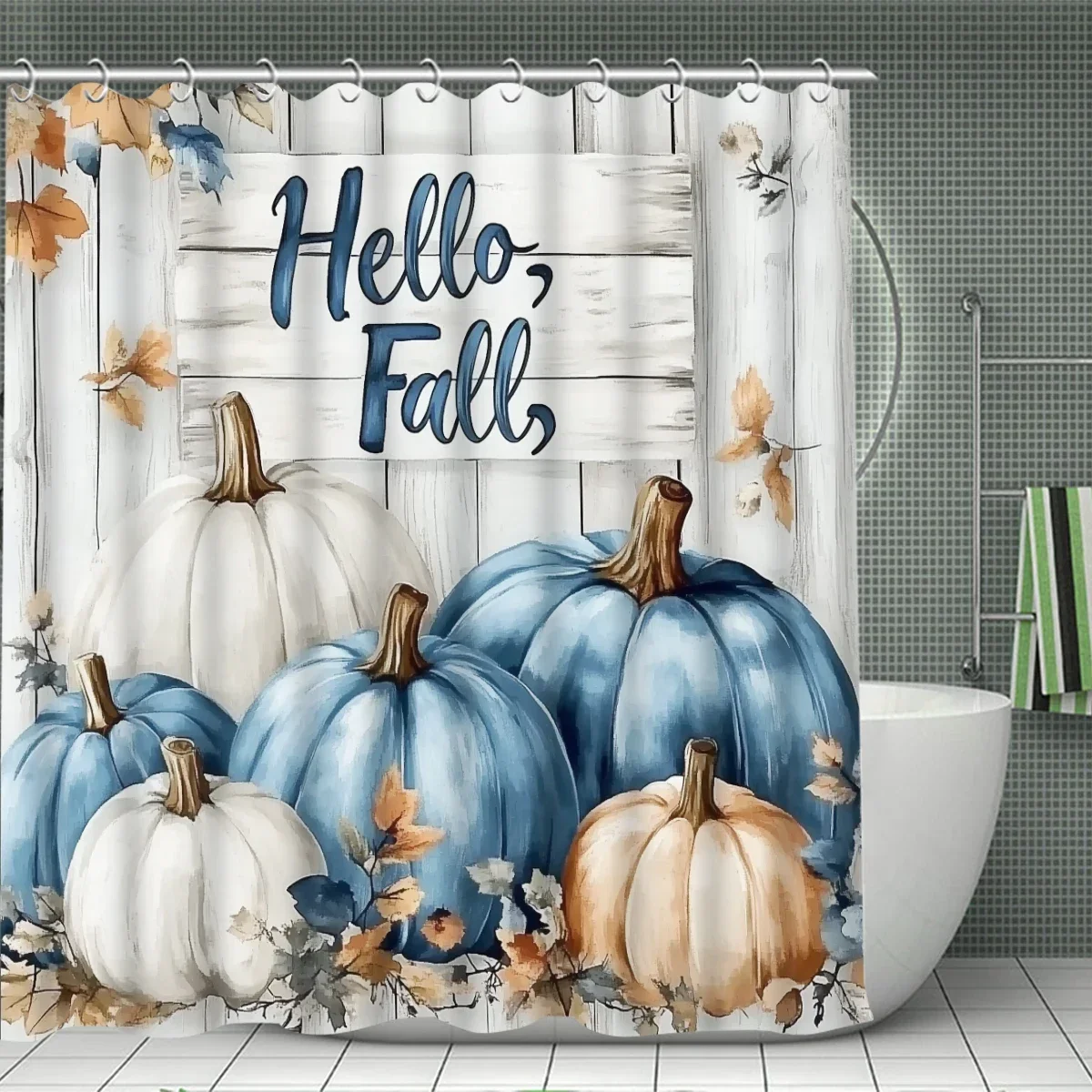 Bathroom 4-piece Fall Pumpkin Themed Set Includes Shower Curtain,non-slip Mat,toilet Seat, Blue,white and Orange Pumpkin Pattern