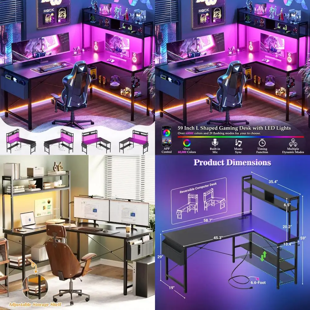 

L-Shaped Gaming Desk with LED Light and Power Outlet, 59-inch Computer Desk for Home Office and Gamers