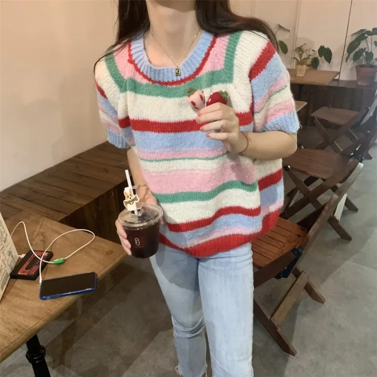 Multicolor Striped O-neck Knitted Tops Women 2024 Spring New Bottoming Pullovers Y2k E-Girl Short Sleeve Loose Sweaters