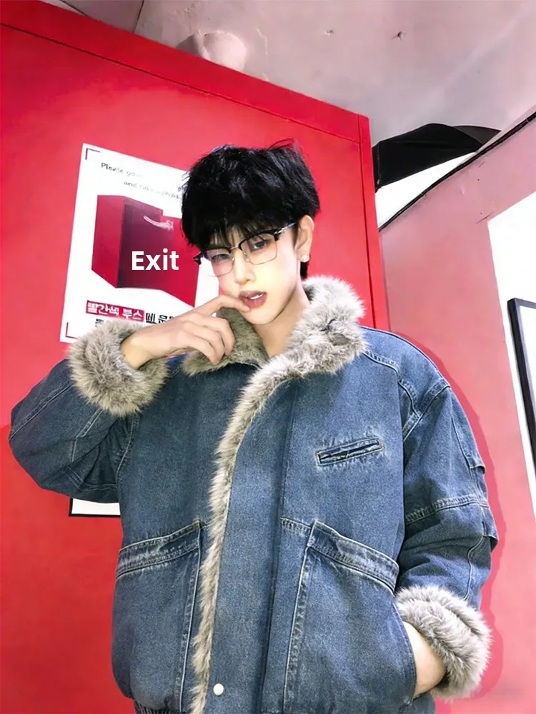 

American Waed Thiened Cotton Jaet Men's Winter Workwear Denim Sle with Stand Collar Zipper Closure Warm And Sli