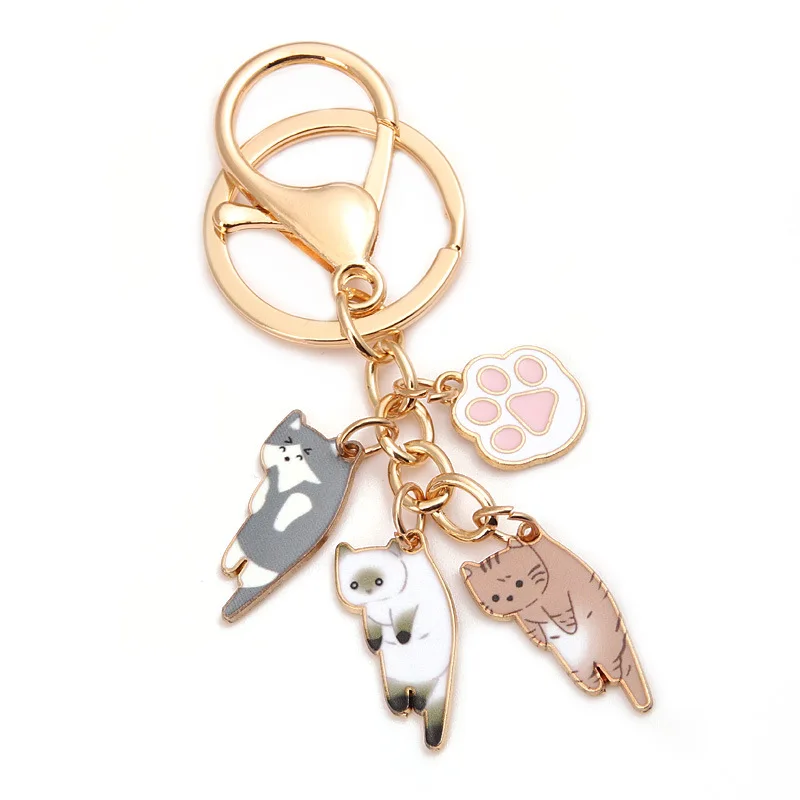 Cartoon Kitten Keychain Fashion Animal Key Chain Creative Happy Cat Pendant for Women Car Keyring Purse Bag Accessories DIY Gift