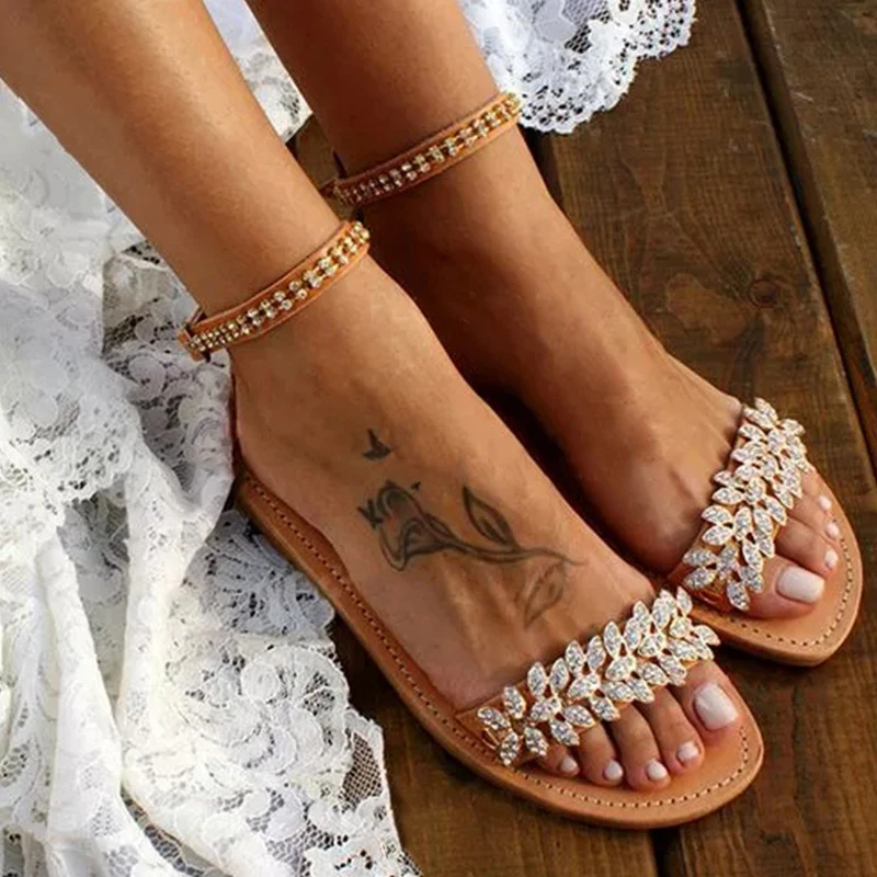 Summer Flat Sandals Women Bohemian Style Shoes Casual 2022 Beach Wedding Sandals Shoes Plus Size Rhinestone Open Toe