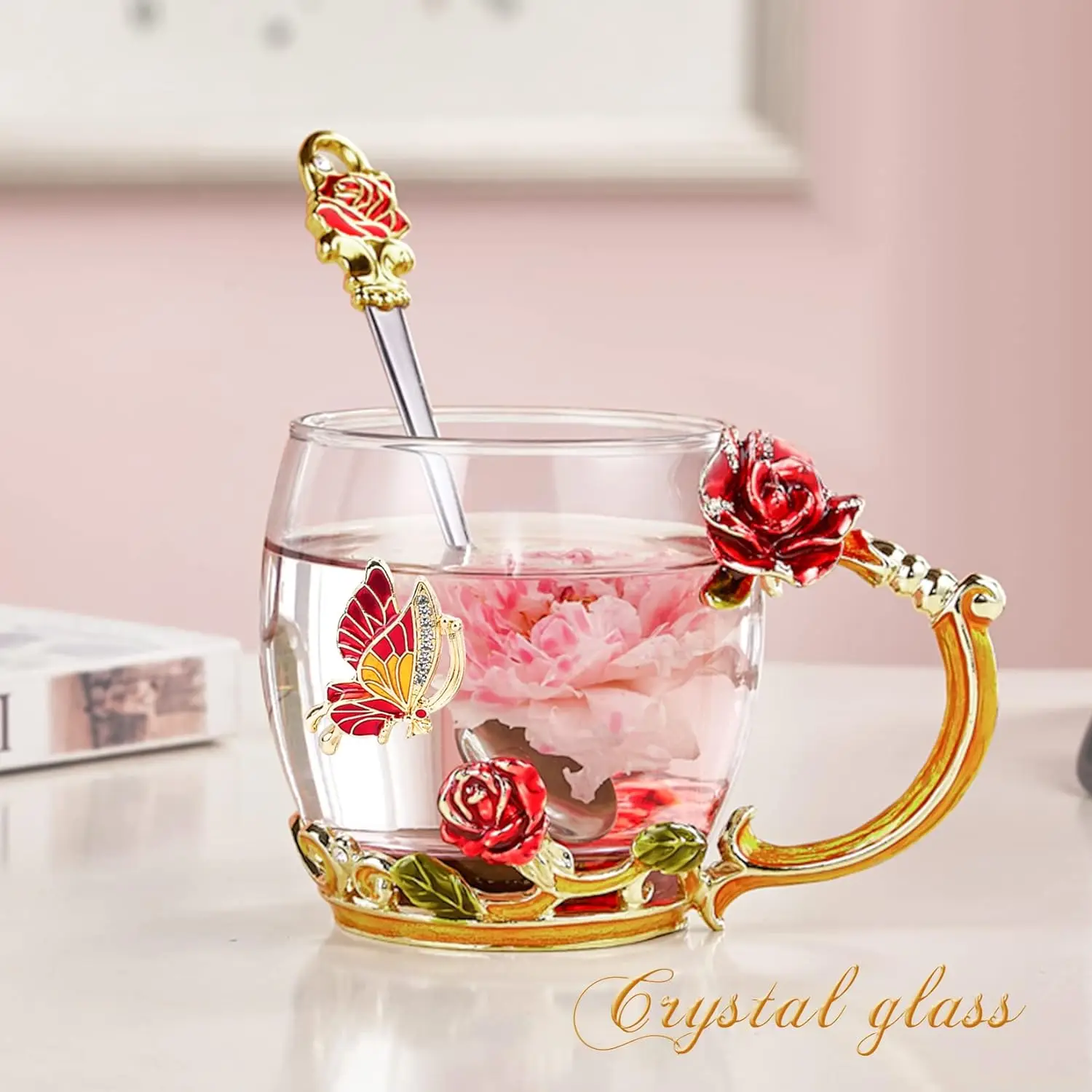 Glass Coffee Enamels Mug Best Gifts for Mom Women Butterfly Rose Lead-Free Stocking Stuffers for Woman Red Tea Cup with Spoon