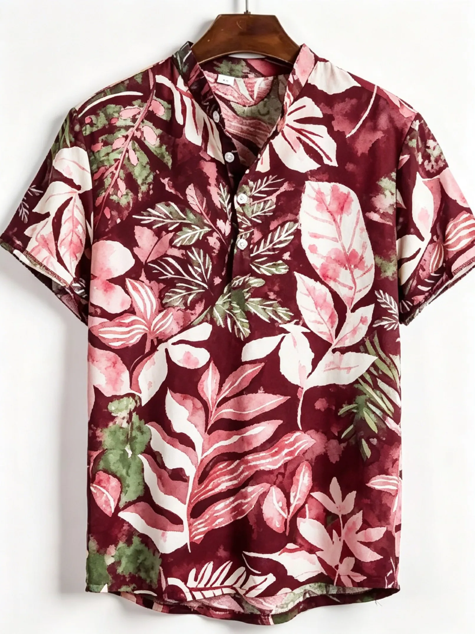 

Men's Spring Summer Stand Collar Shirt, Burgundy Tropical Watercolor Leaf Print Casual Tops