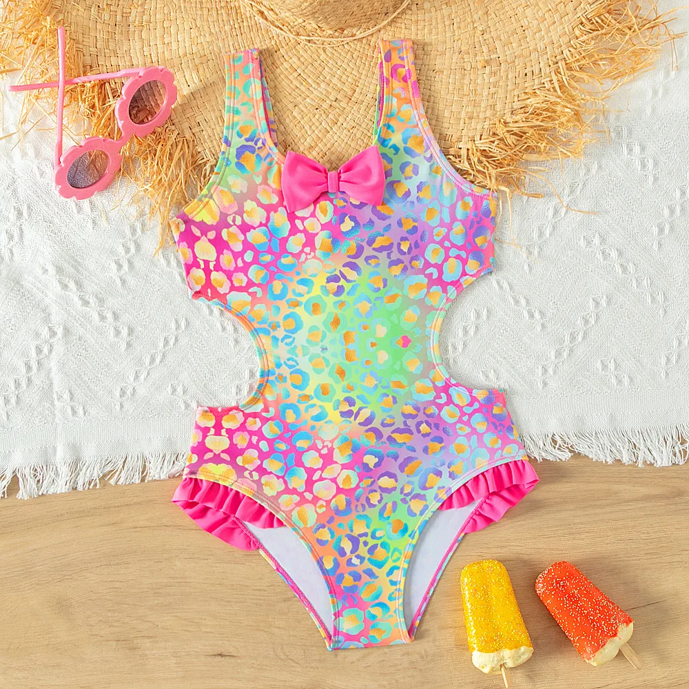 Summer Bright Colorful Girls Swimwear with Bow Ruffle One-piece Swimming Suit Teen Girls Beachwear Bathing Suit