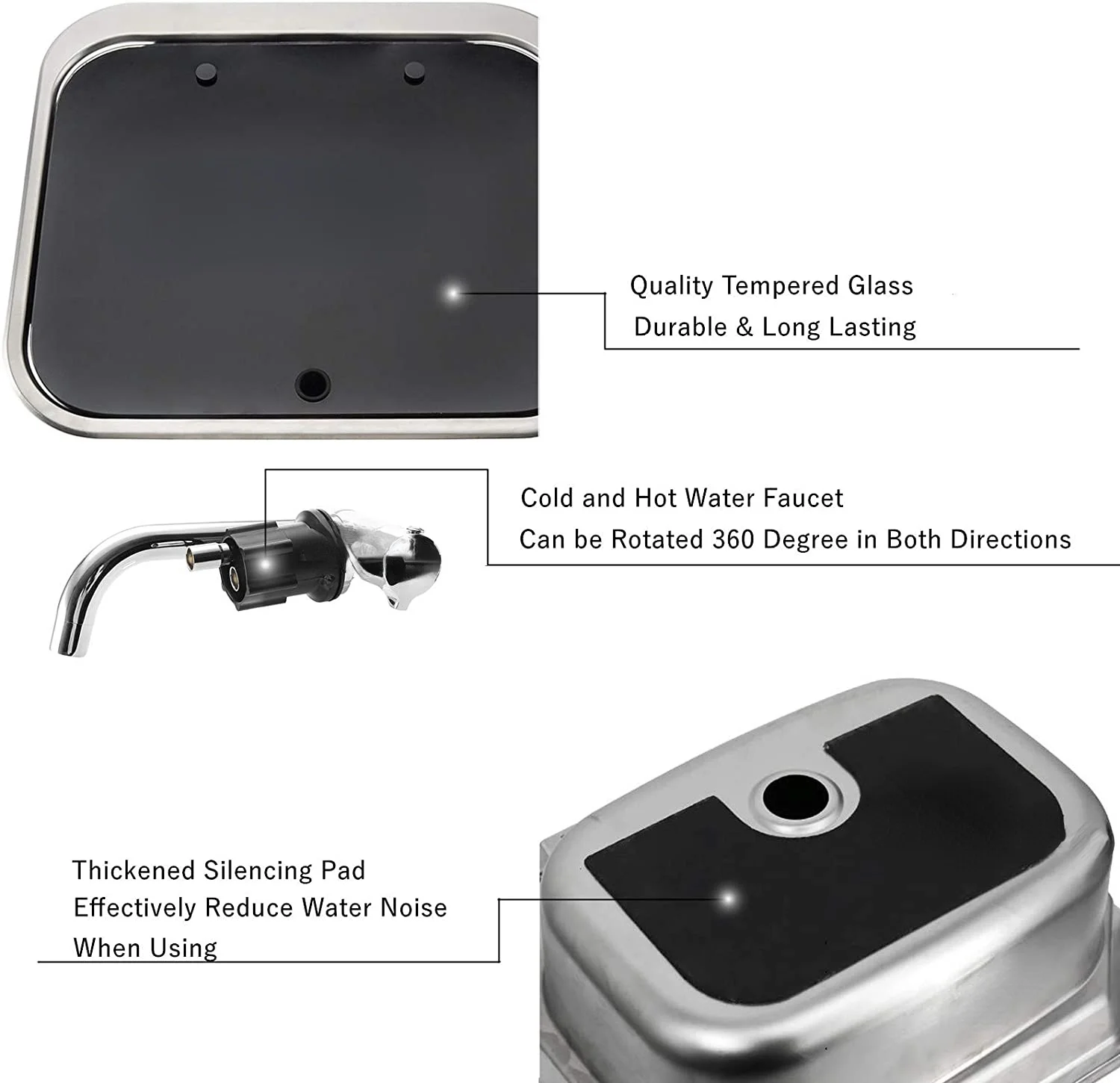 Square Stainless Steel RV Sink with Lid, Vehicle Water Filtration System and Foldable Collapsible Basin for Campin