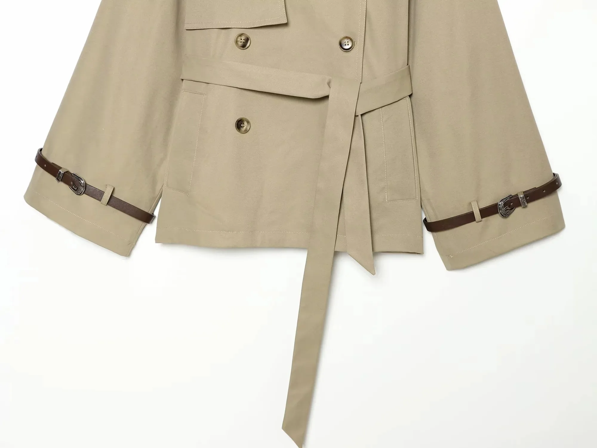Damen 2026 Neue Modekollektion Khaki Eleganter Doppelreihiger Gürtel-Trenchcoat mit Schulterklappen Kurzer Windbreaker Damen-Oberbekleidung – Detail 10