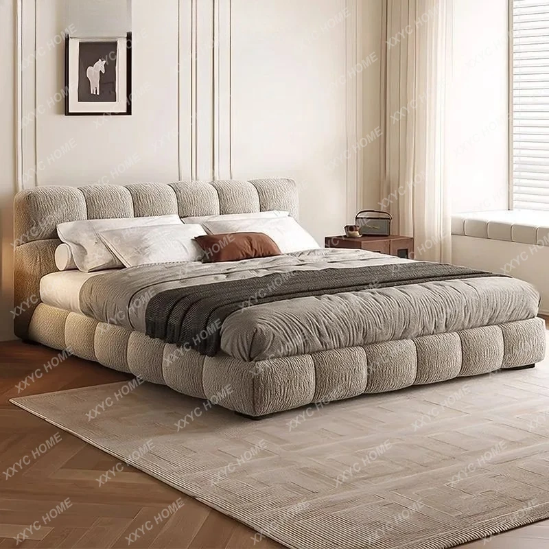 

Кремовая кровать в ретро-стиле для главной спальни, роскошная, из высококачественной ткани шенилл, минималистичная, с мягким изголовьем и местом для хранения, элитное постельное белье.