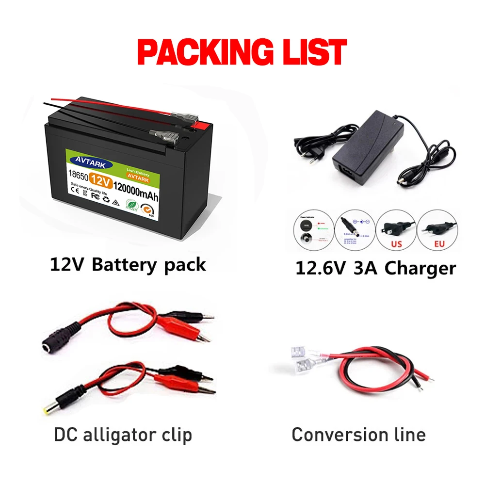 12v 18650 Li-ion rechargeable battery pack DC 12.6V 120Ah battery with EU plug + 12.6v 3a charger + cr123a DC bus head cable