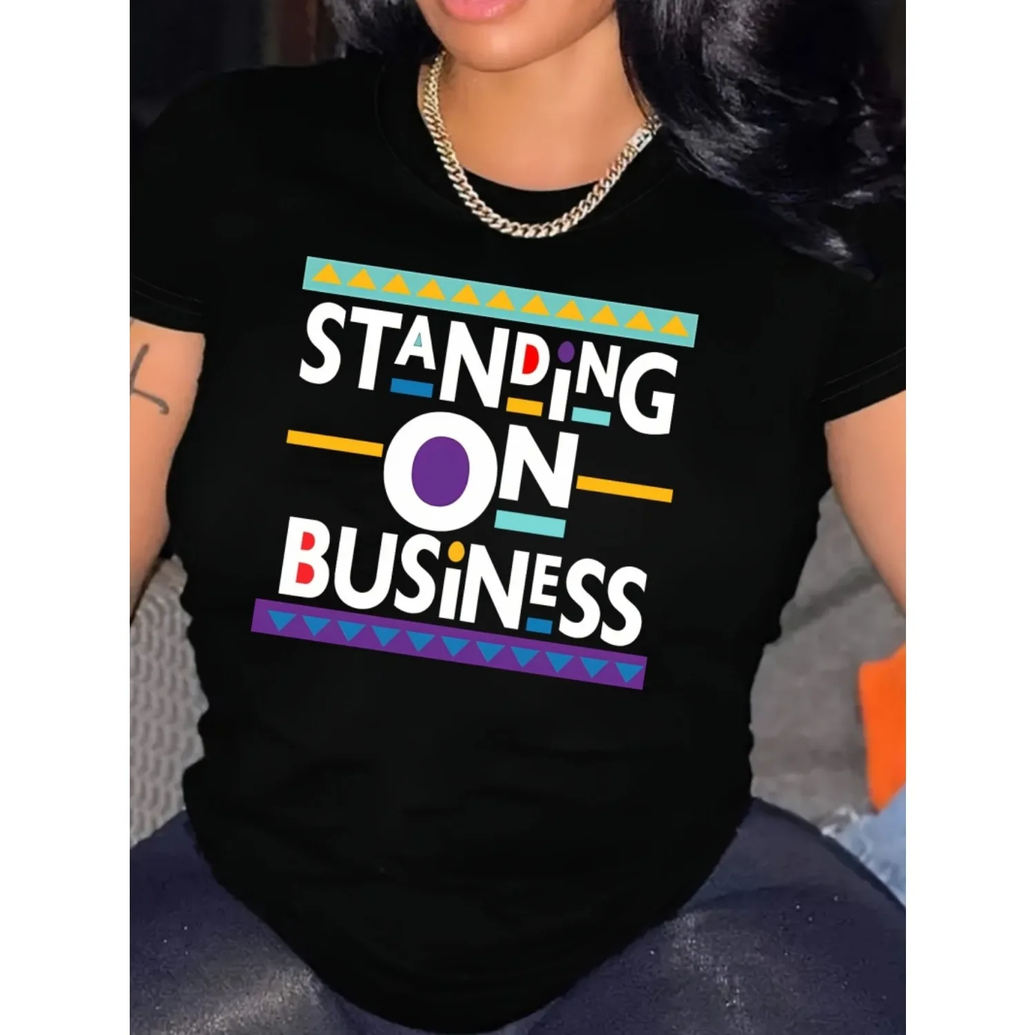 

Standing On Business Letter Print T-shirt, Short Sleeve Crew Neck Casual Top For Summer & Spring, Women's Clothing