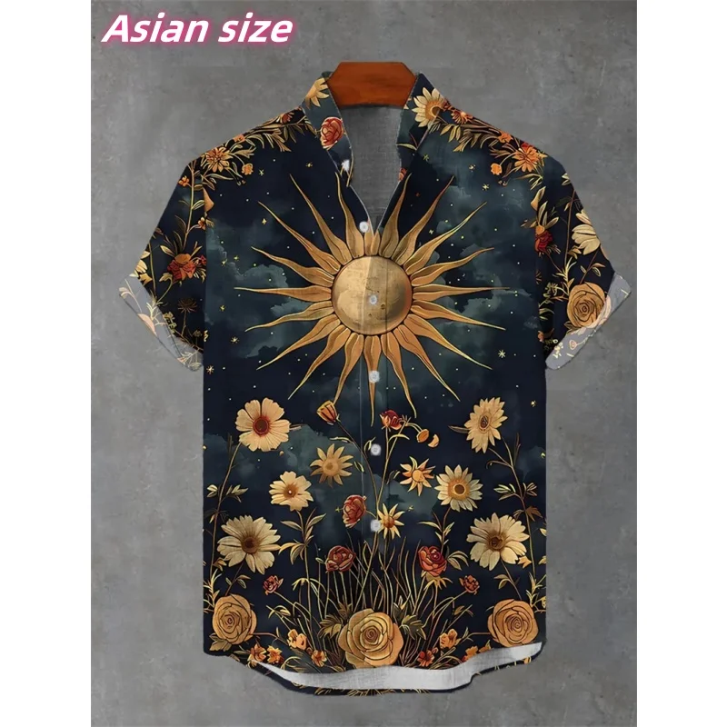 Vintage Flower Sun Graphic Hawaiian Shirt For Men Ethnic Stripe 3D Printed Short Sleeve Summer Loose Aloha Shirts Lapel Blouse