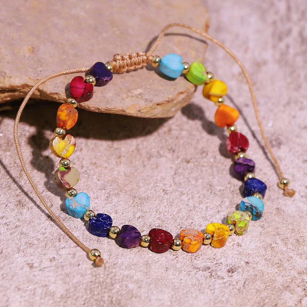 1pcs Natural Stone Mixed Color Emperor Heart-shaped Single-layer Adjustable Fashion Beaded Bracelet