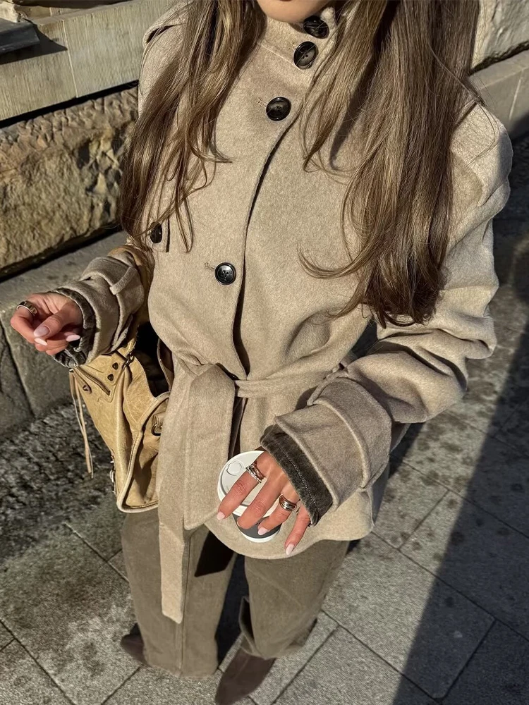 SLTNX Female Solid Color Lace-up Short Woolen Coat Elegant High-necked Single-breasted Windbreaker Autumn Ladies Casual Coat