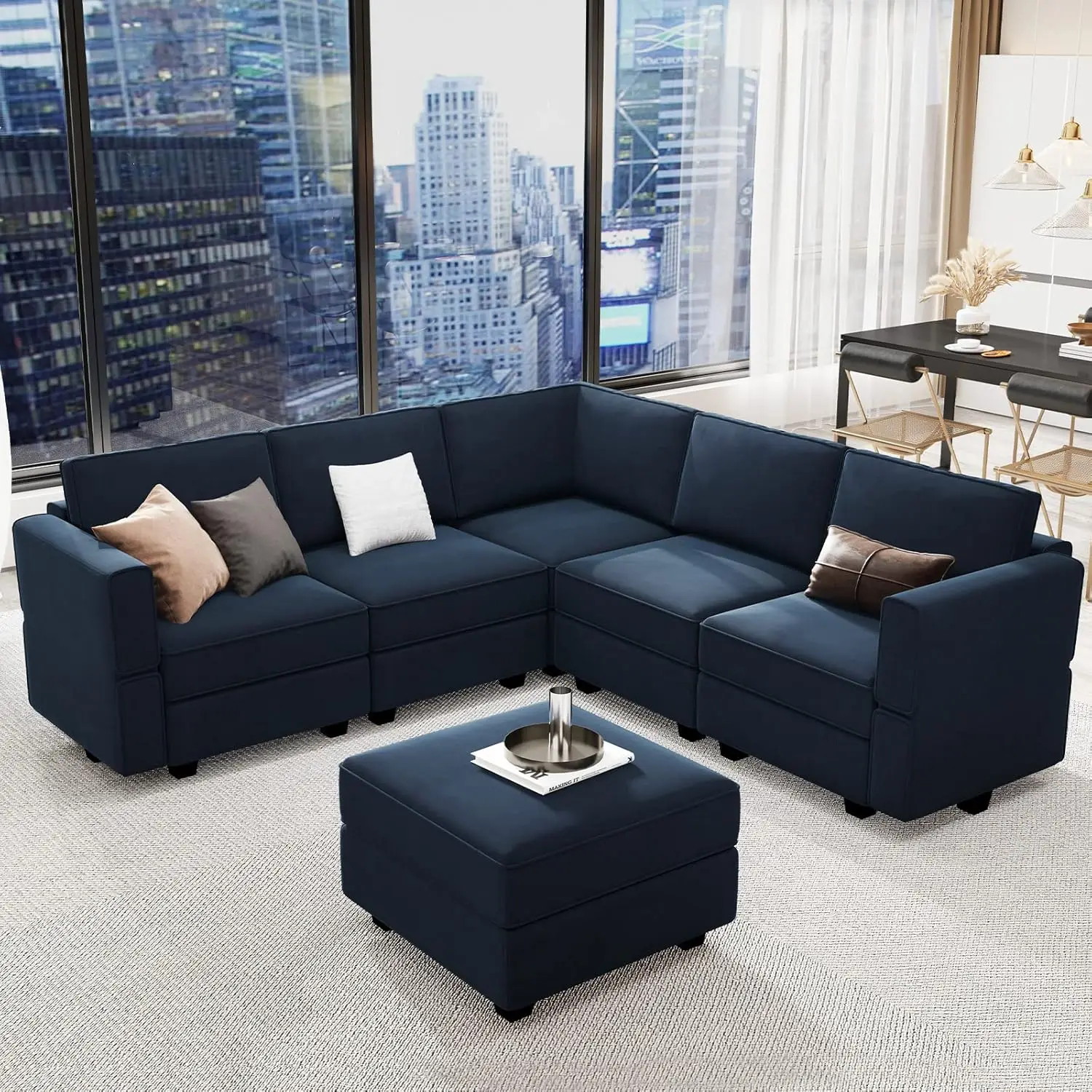 Modular Sectional Sofa with Storage Seats Velvet L Shaped Corner Couch Convertible Sectional Sofa with Chaise Blue