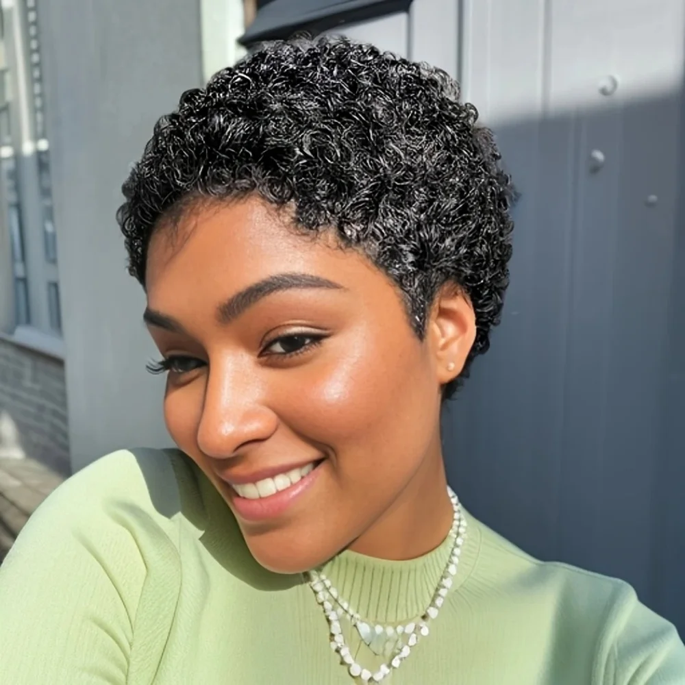 密度150% フルマシンメイド ショートアフロカーリー人毛ウィッグ アフロショートウィッグ 女性用ピクシーカットウィッグ人毛