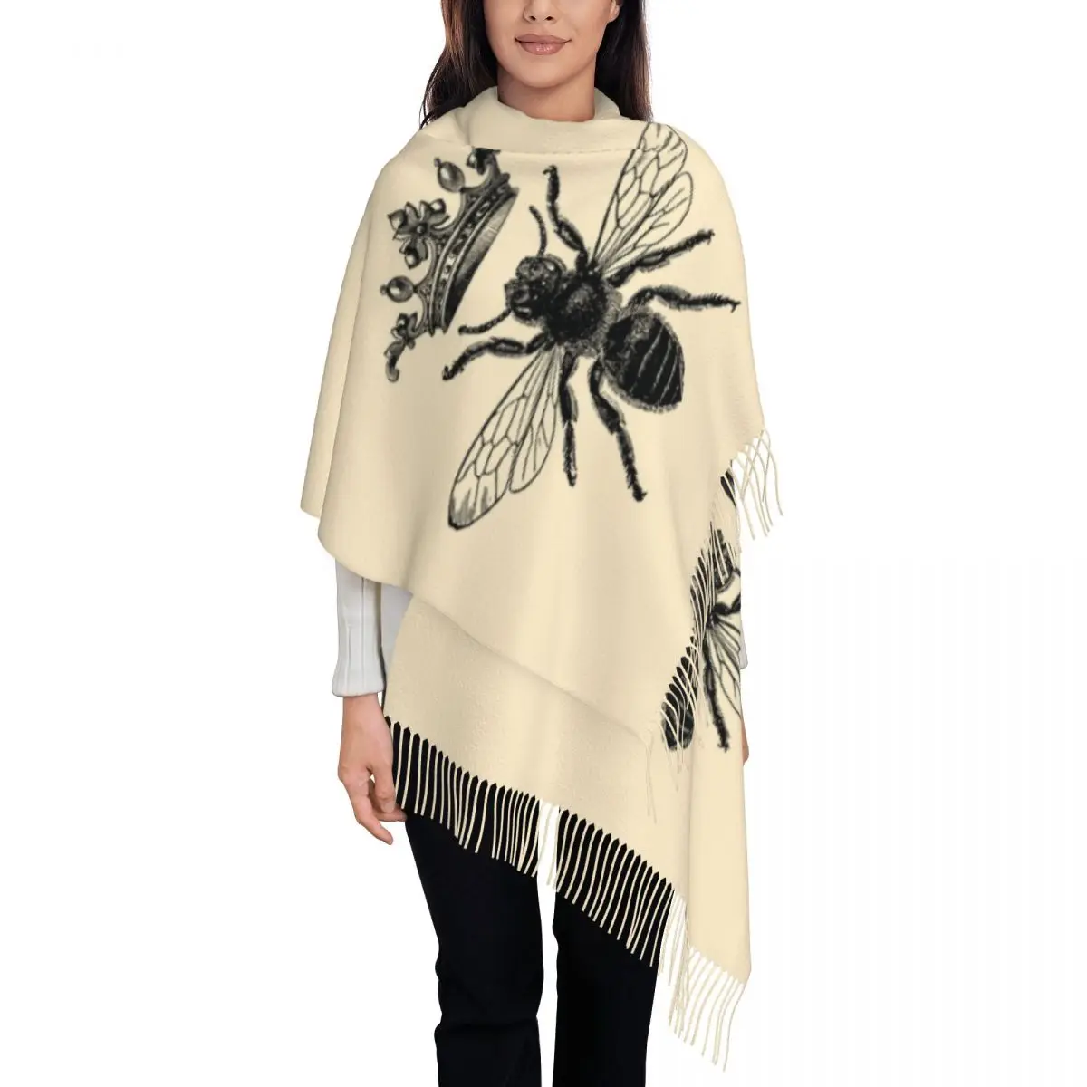 

Custom Lady Large Vintage French Queen Bee Scarves Women Winter Fall Thick Warm Tassel Shawl Wraps Nostalgic Retro Style Scarf