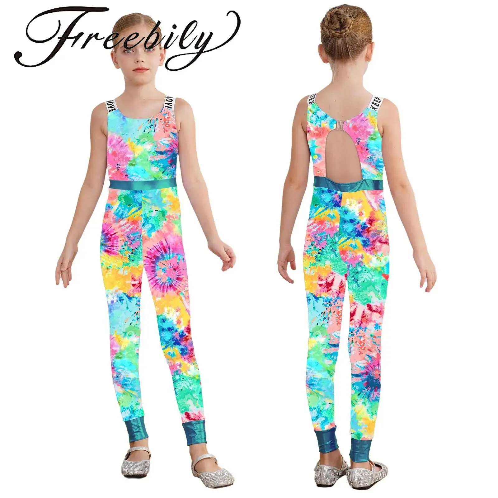 

Kids Girls Prints Dance Leotard Sleeveless Back Hollow-Out Design Cartoon Print Legging Bodysuit for Gymnastics Clothes