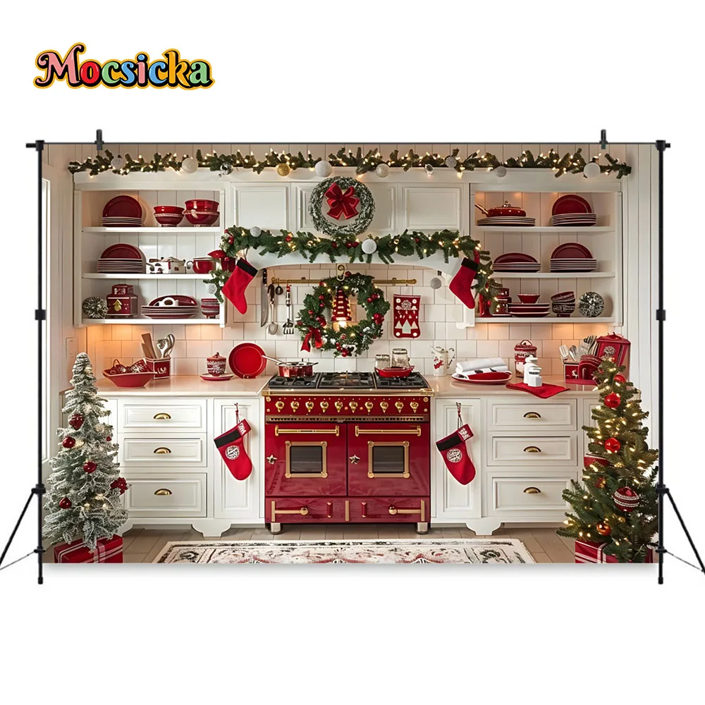 Red Christmas Kitchen Background Photography Studio Garland Xmas Tree Backdrop Decor Banner Winter Kids Birthday Party Photozone