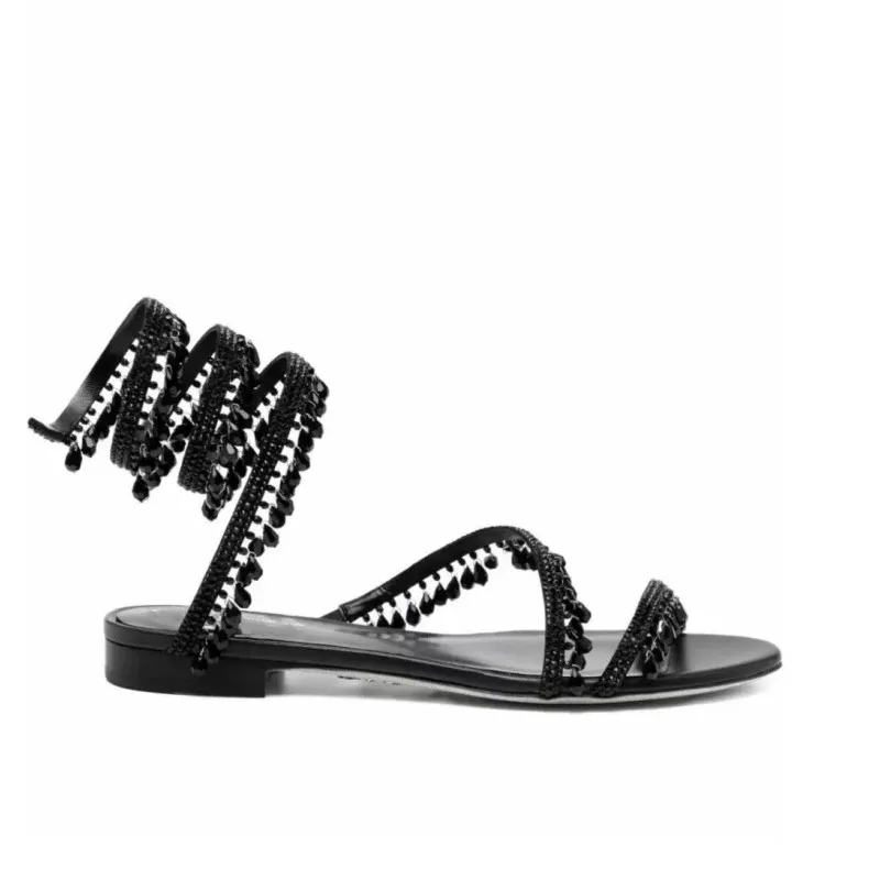 2026 New Women's Rhinestone Crystal Tassel Flat Sandals Spiral Ankle Wrap Gladiator Sandals Luxury Wedding Party Bridal Dress