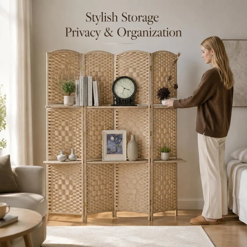 Paravent séparateur de pièce 4 panneaux 160 x 170 cm en bois, cloison pliante avec 2 étagères de rangement, écran décoratif mobile pour salon, chambre, bureau, aménagement intérieur moderne et pratique, solution élégante pour optimiser l'espace