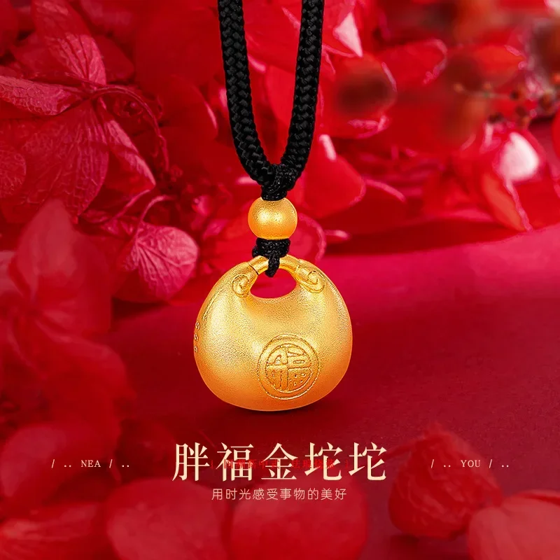 

9999 Real Gold 24K New Chinese Spring Black Rope Chain Fat Fu Necklace Yuanbao Small Fat Fu Pendant Lock Bag Black Rope Necklace