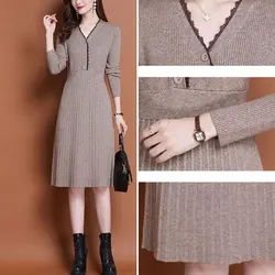 Basic Solid Color Knitted Midi Dress Female Clothing Elegant V-Neck Spring Autumn Fashion Lace Spliced Commute Button Dresses
