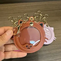 Mini Badge Display Pouch Cat Shape Cartoon Badge Protector Keychain Clear Window Portable Key Chain Pendant Bag Accessories