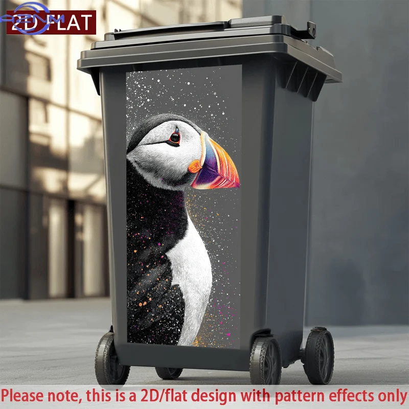 Self-Adhesive, Waterproof PVC Sticker Featuring a 2D/Flat Puffin Design, Perfect for Decorating Trash Cans Or Walls. It Has a