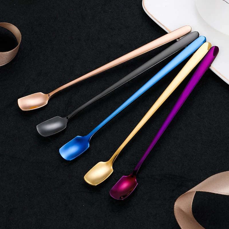 1Pcs Long or Short Handle Color Spoon For Tea Coffee Milk Drink Stainless Steel Tableware