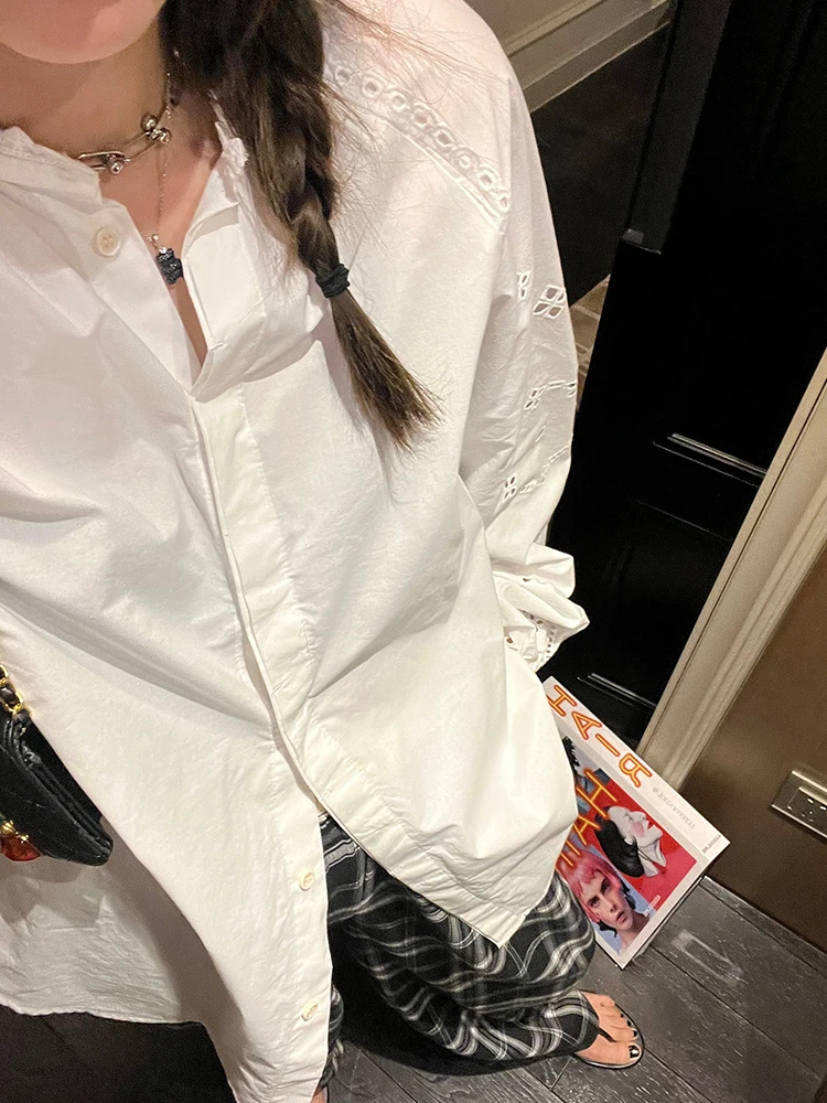 

Ele White Loose Long Sve Women's irt Sli Commute Sle Korean Version Cotton 00% Collar Button Detail