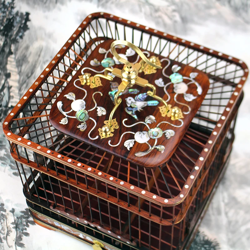 Export mother-of-pearl rosewood square bird cage inlaid with colorful scallops, red scallopspurple light sandalwood bird cage