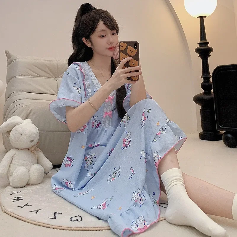 150KG 4XL Plus Size Loose Nightgown Women Summer Short Sleeves Sleepwear Home Clothes Outer Wear Korean Style Pajamas Nightdress