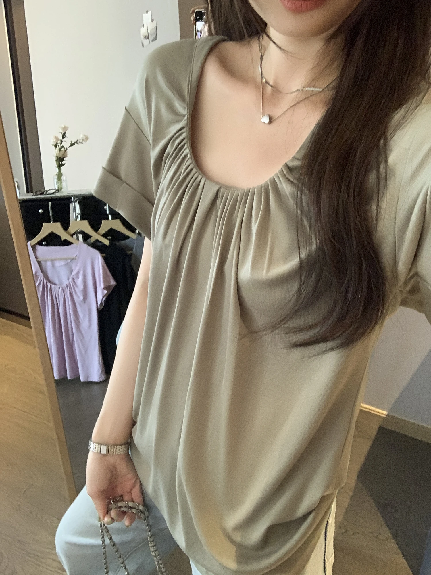 Laceuller Silk Wool Women's T-shirt U-neck Short Sleeve Pleated Summer New Style Simple Elegant High-grade Top Korean Style