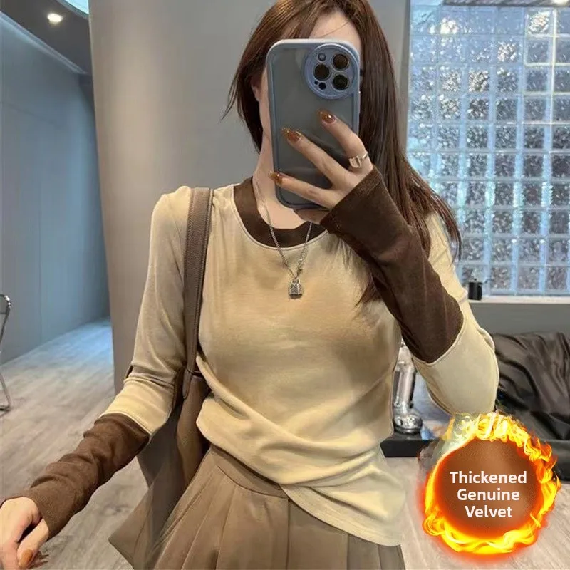 

plus Size Women's Thickened Fleece T-Shirt Autumn Winter New Style Slimming Color Block Top Casual Style Long Sleeve round Neck