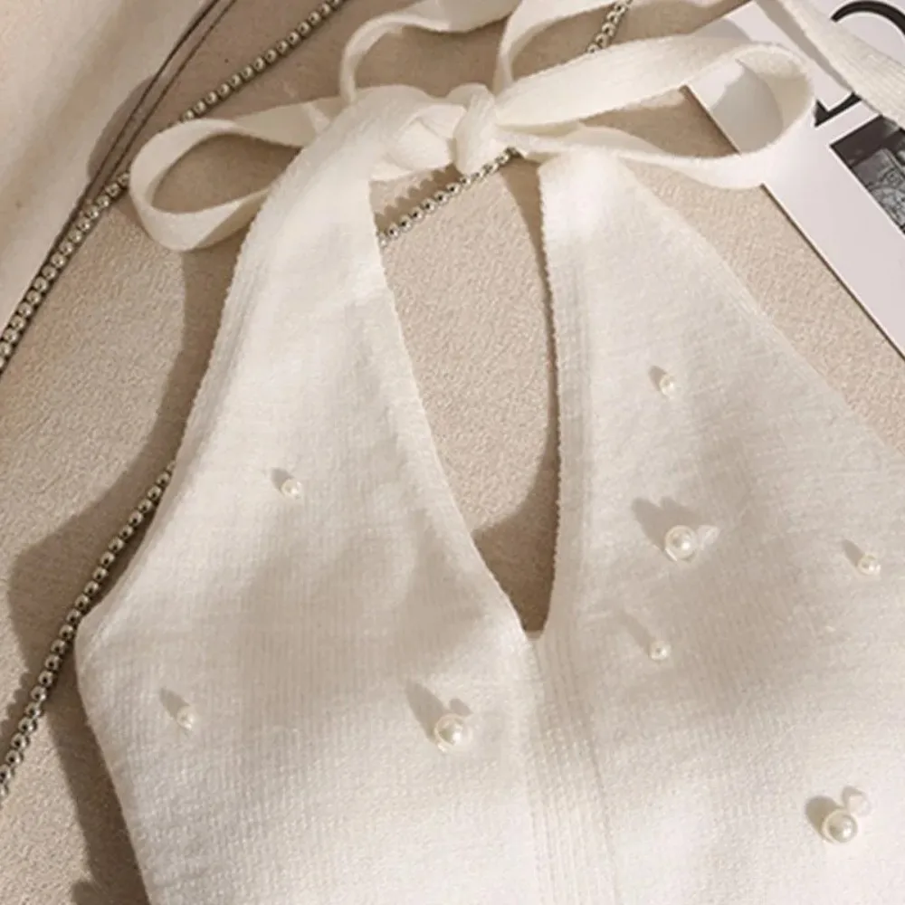 Backless Design French Beaded Vest Beaded Embellishment Knitted Fabric Knot Back Vest Halter Style Tie Knot Detail
