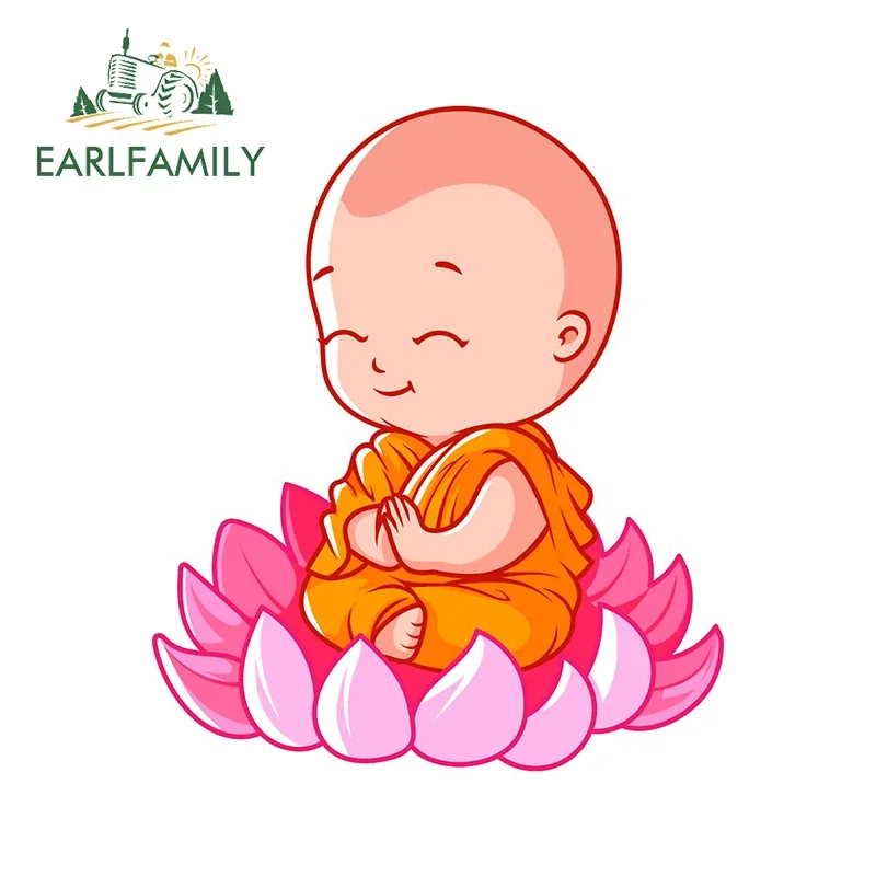 EARLFAMILY 13cm x 11.1cm Buddha Kid Car Stickers Yellow Cloak Lotus Seat Decal Creative Surfboard Refrigerator Anime Decoration