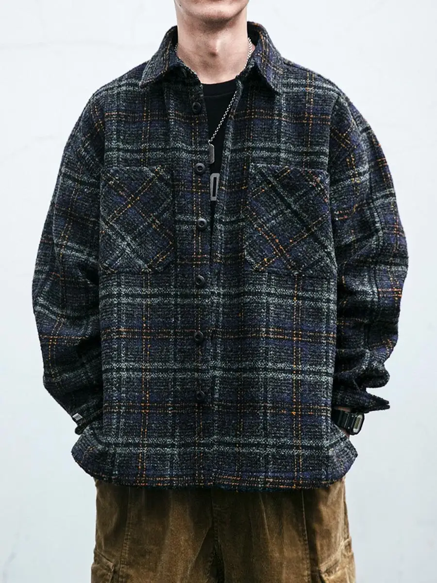 

Japanese Trendy Plaid Work irt Men's Spring Autumn Heavyweight Loose Haome Student Turn-down Coat Jaet Outerwear