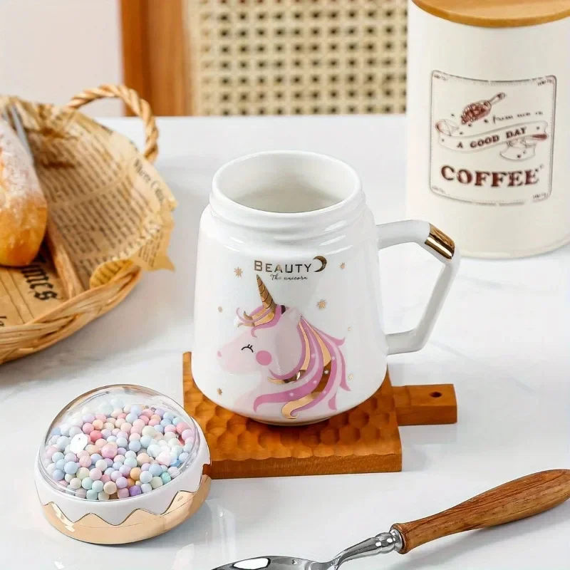 Unicorn mug creative ceramic coffee cup tea cup milk breakfast cup with lid