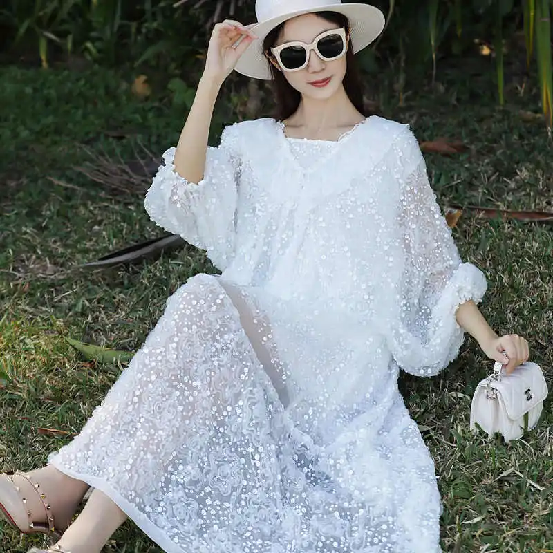 High-End Spring Fashion New Women's V-Neck Spliced Ruffle Edge Embroidery+Beaded Loose Silk Mid length Dress One Size